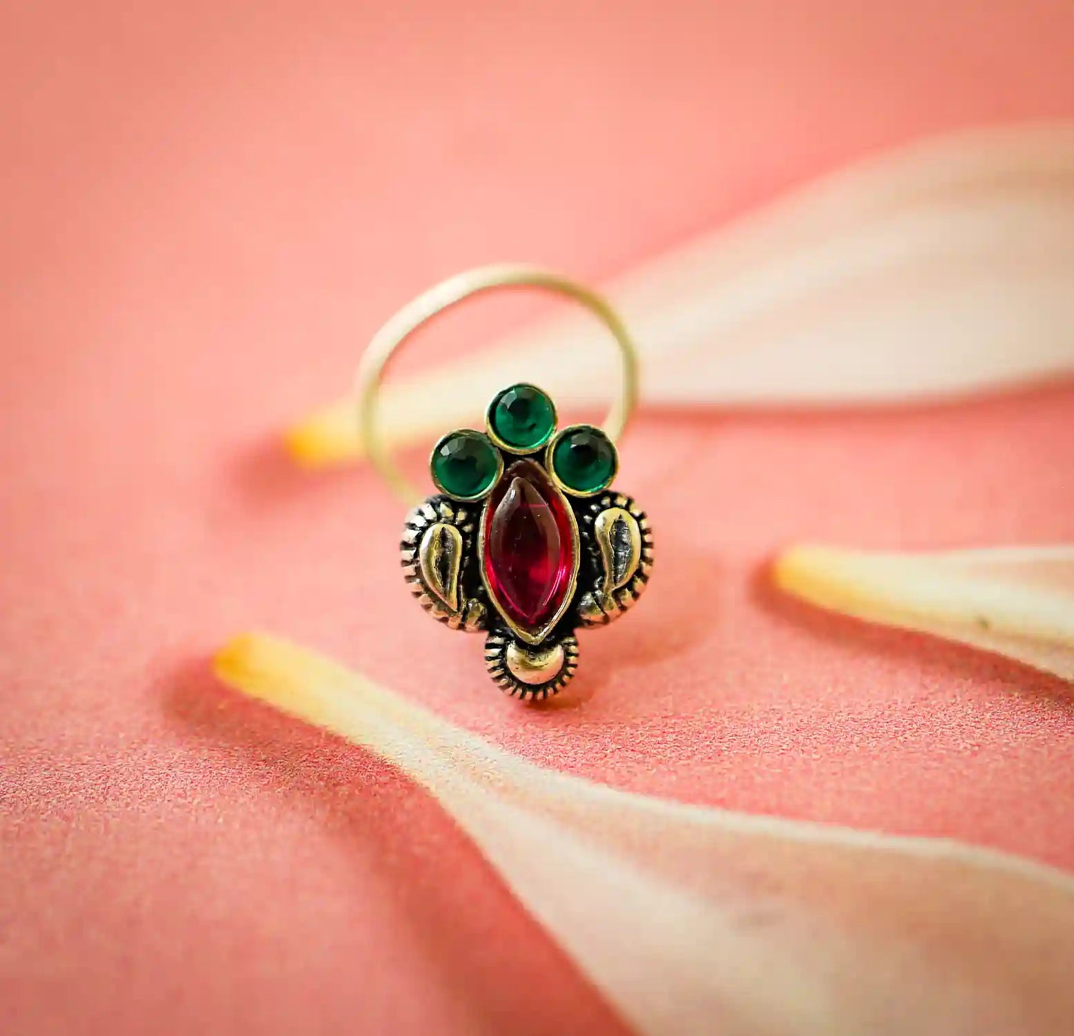 Silver Nose Pin with Green & Maroon Stones- Made With Pure 925 Silver