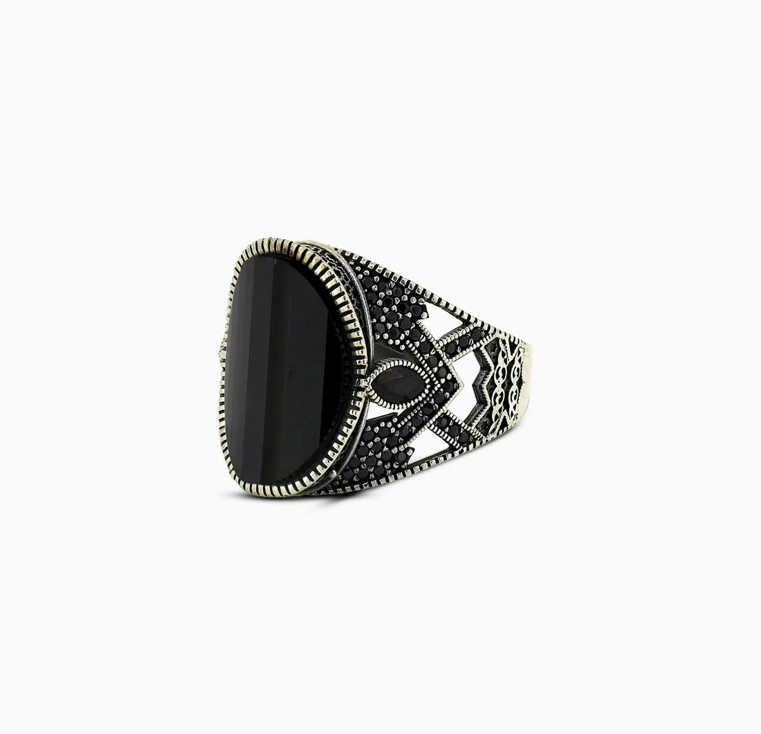 Pure Silver Black Onyx Tribal Ring - Made With Pure 925 Silver