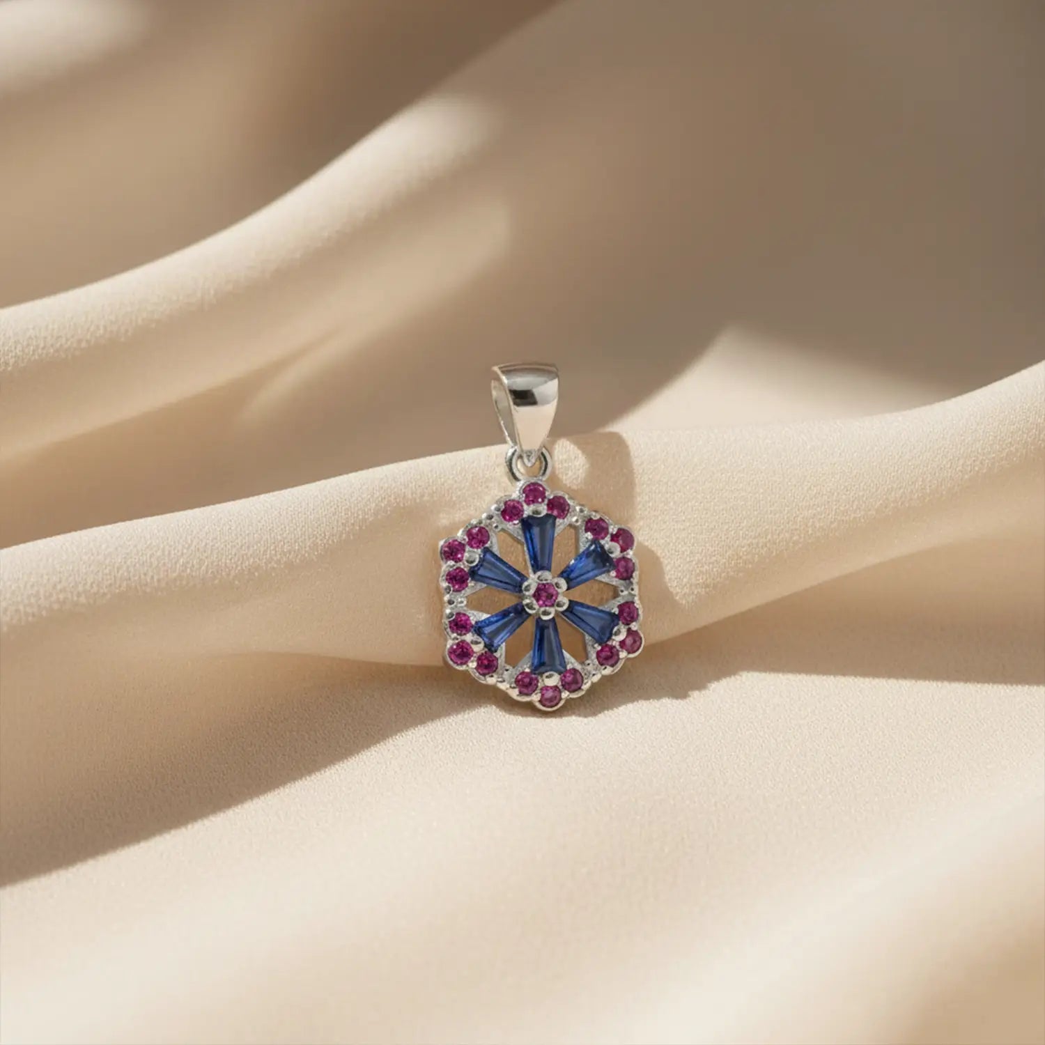 Floral Hexagon Silver Pendant with Green & Pink Stones Made With Pure 925 Silver