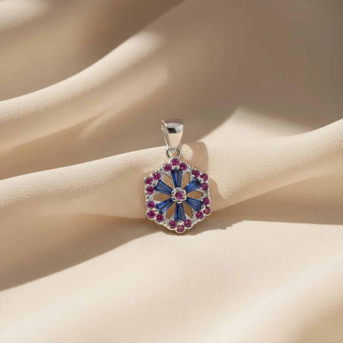 Floral Hexagon Silver Pendant with Green & Pink Stones Made With Pure 925 Silver