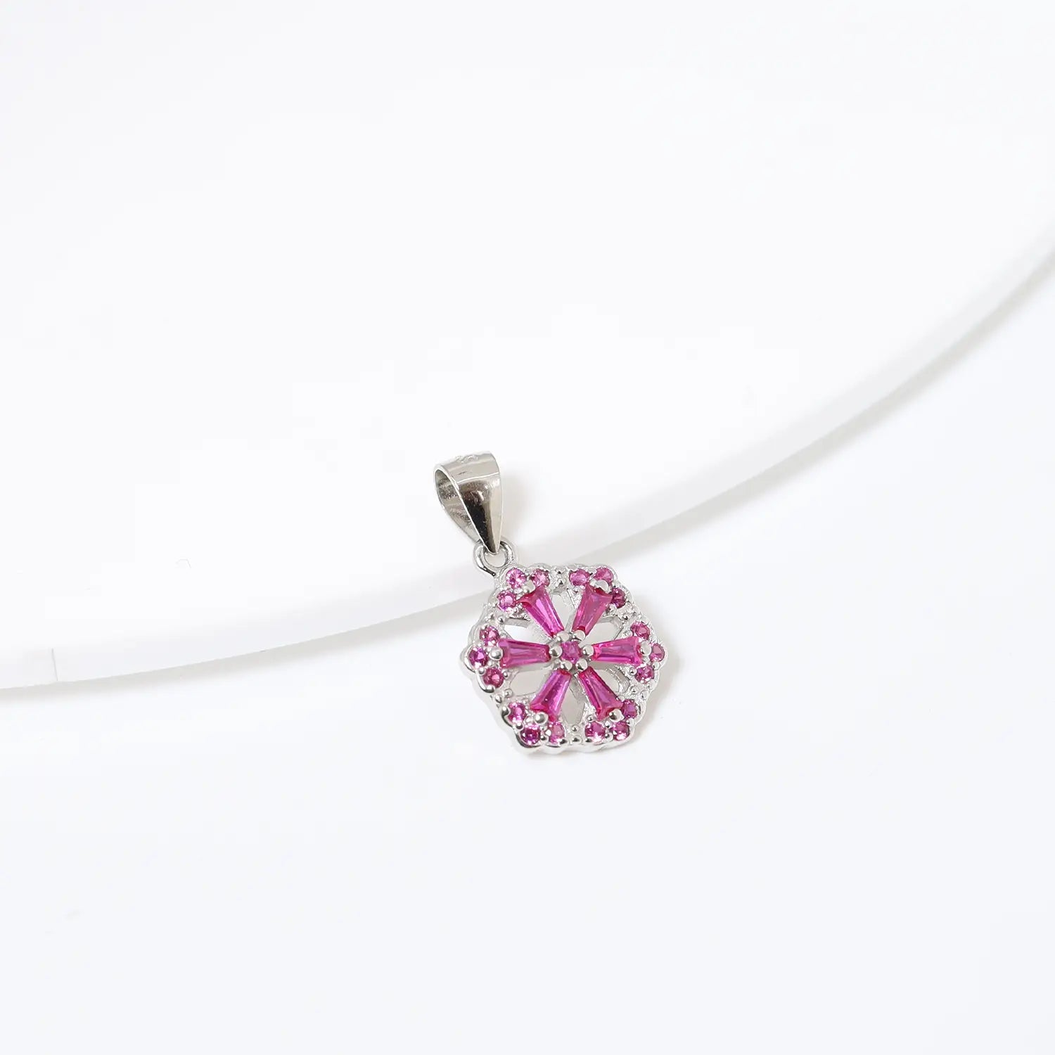 Floral Hexagon Silver Pendant with Green & Pink Stones Made With Pure 925 Silver