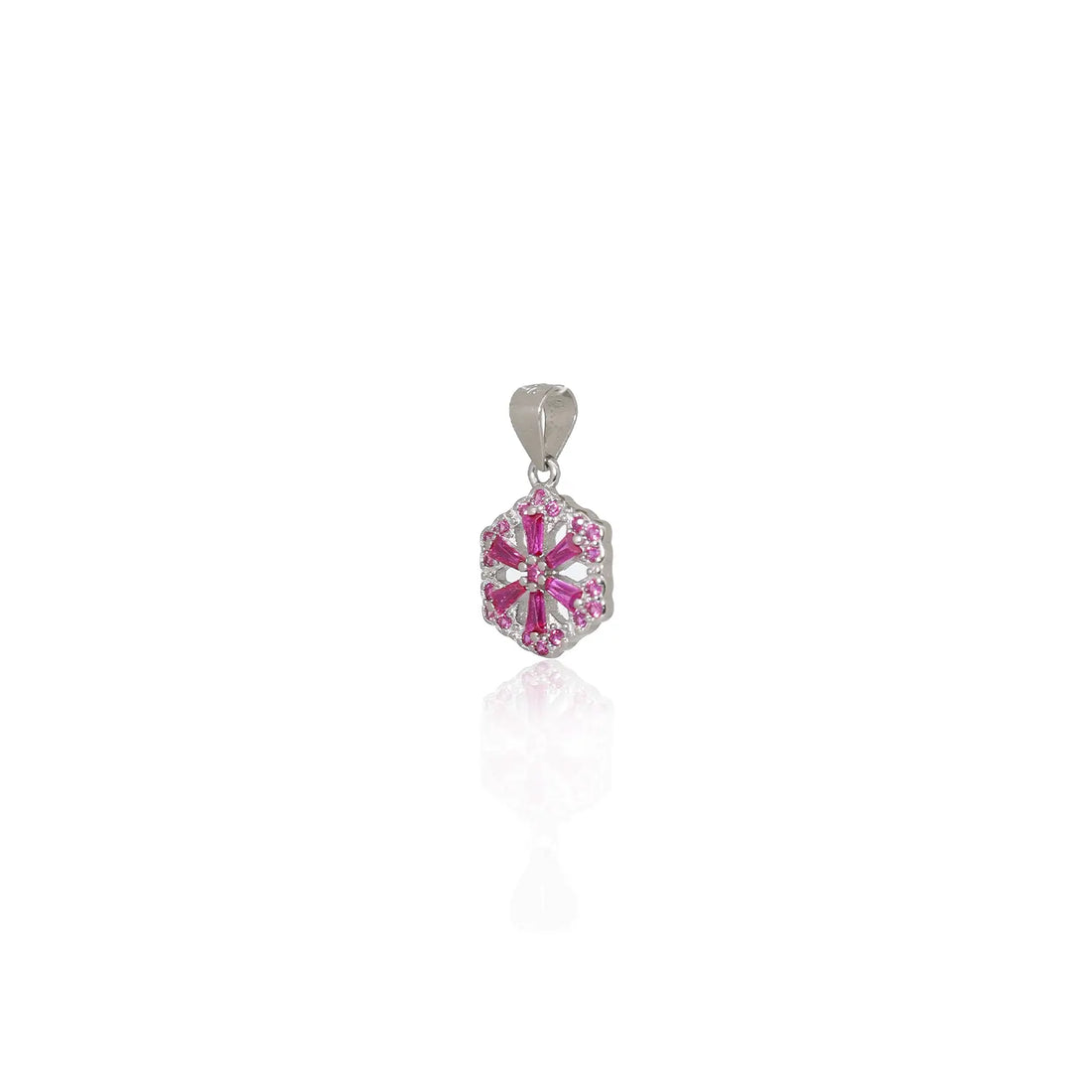 Floral Hexagon Silver Pendant with Green & Pink Stones Made With Pure 925 Silver