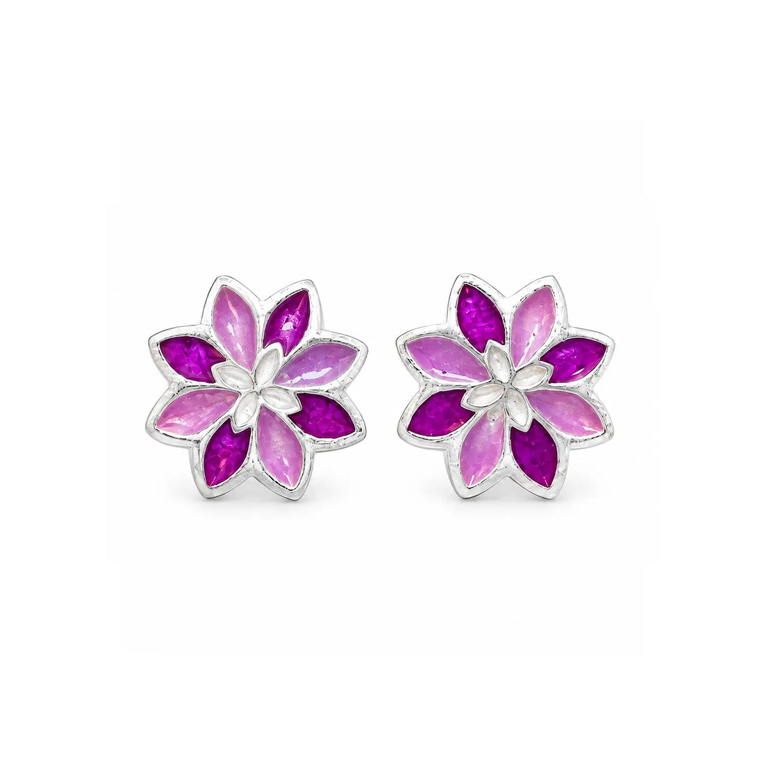 Pink Floral Gemstone Silver Stud Earrings - Made With Pure 925 Silver