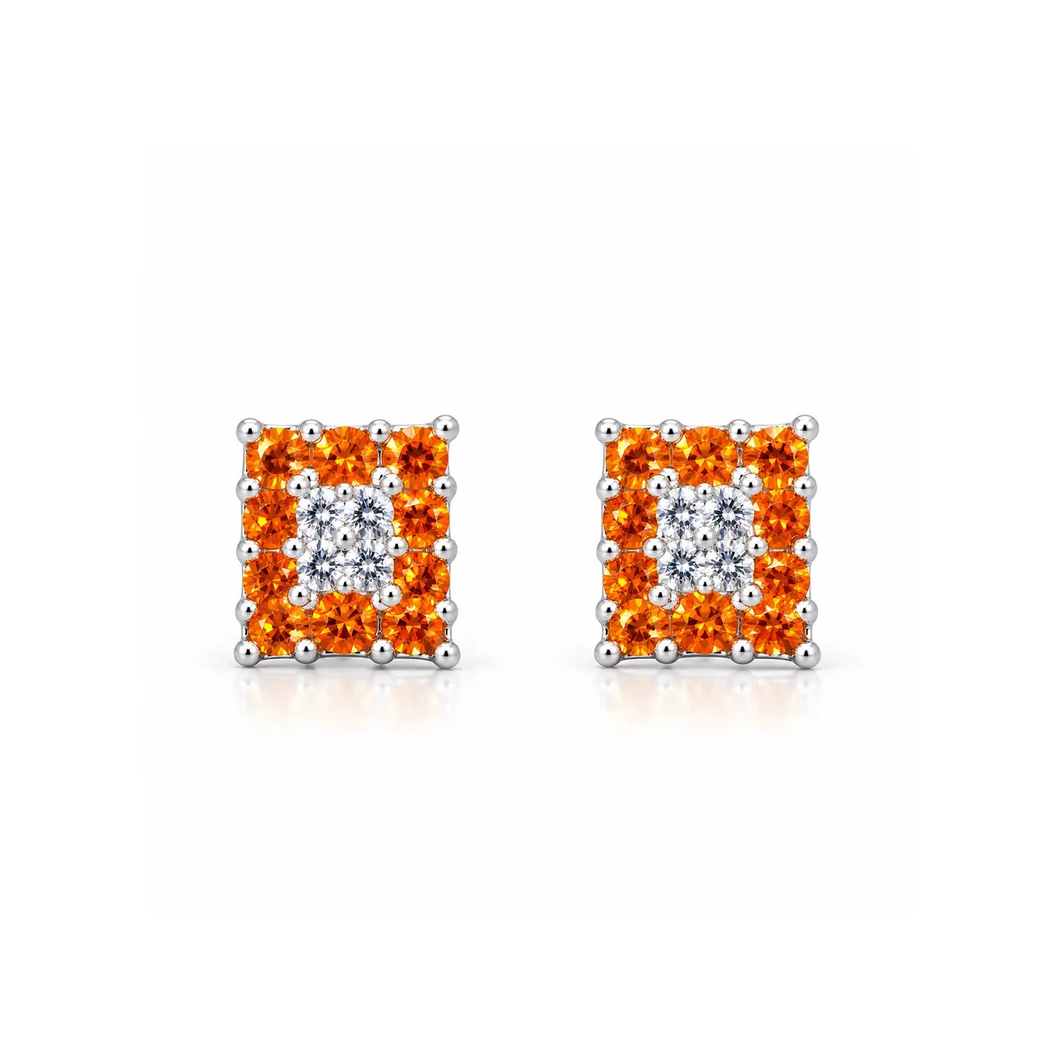 Orange & White Square Gemstone Silver Stud Earrings - Made With Pure 925 Silver