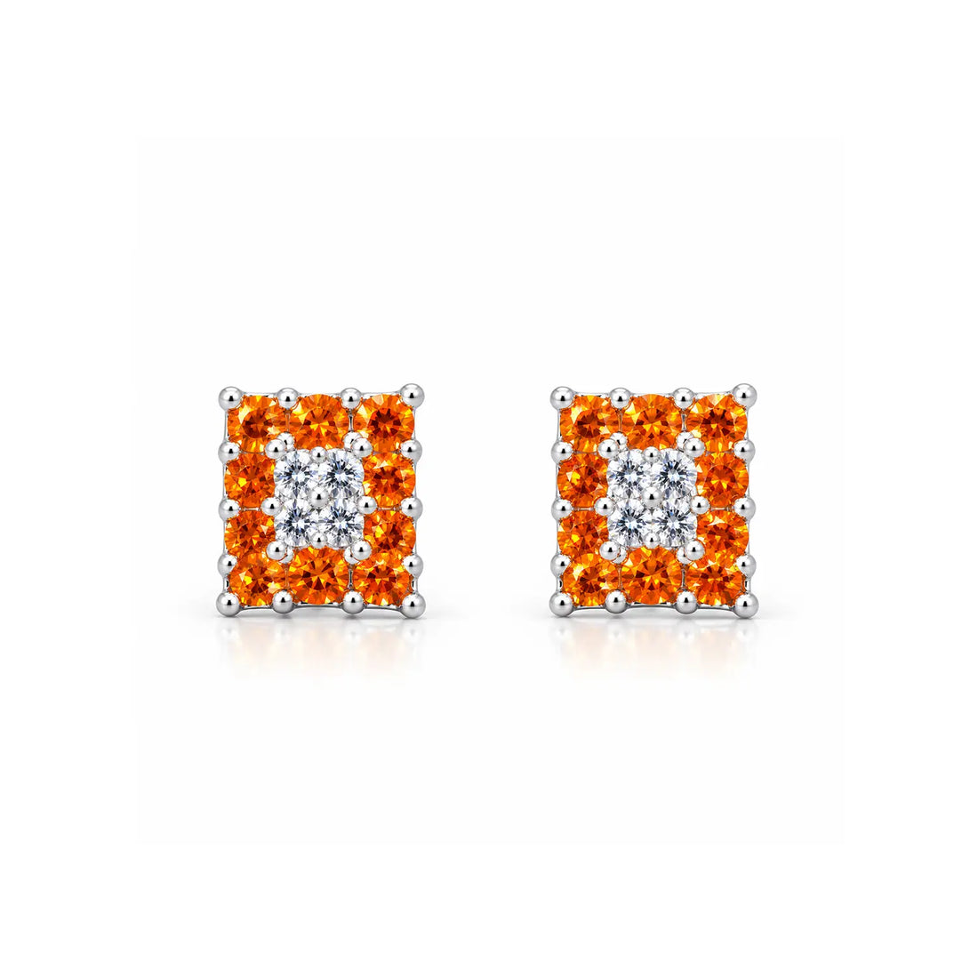 Orange & White Square Gemstone Silver Stud Earrings - Made With Pure 925 Silver