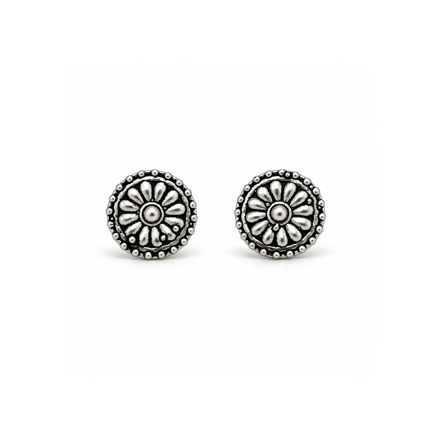 Classic Floral Oxidised Silver Stud Earrings - Made With Pure 925 Silver
