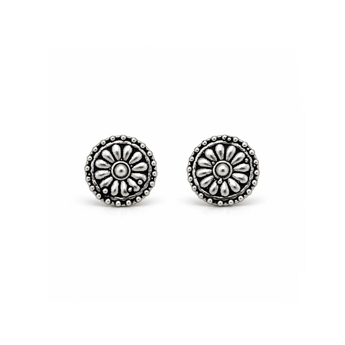 Classic Floral Oxidised Silver Stud Earrings - Made With Pure 925 Silver