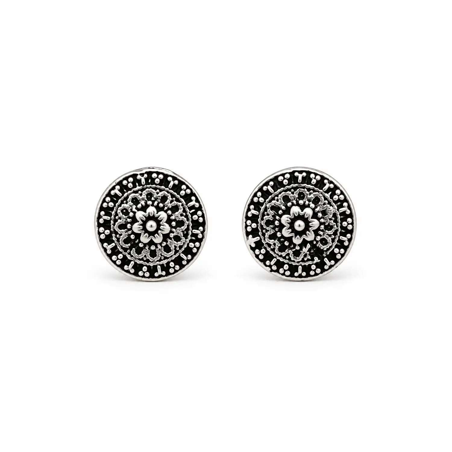 Antique Floral Oxidised Silver Stud Earrings - Made With Pure 925 Silver