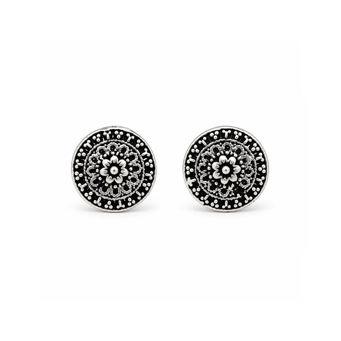 Antique Floral Oxidised Silver Stud Earrings - Made With Pure 925 Silver