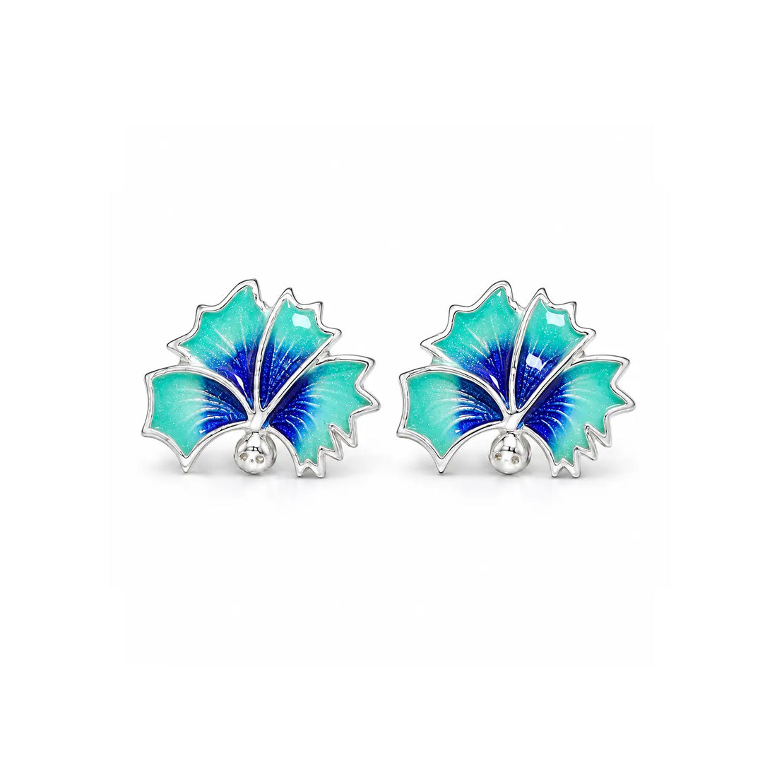 Blue Enamel Floral Silver Stud Earrings - Made With Pure 925 Silver