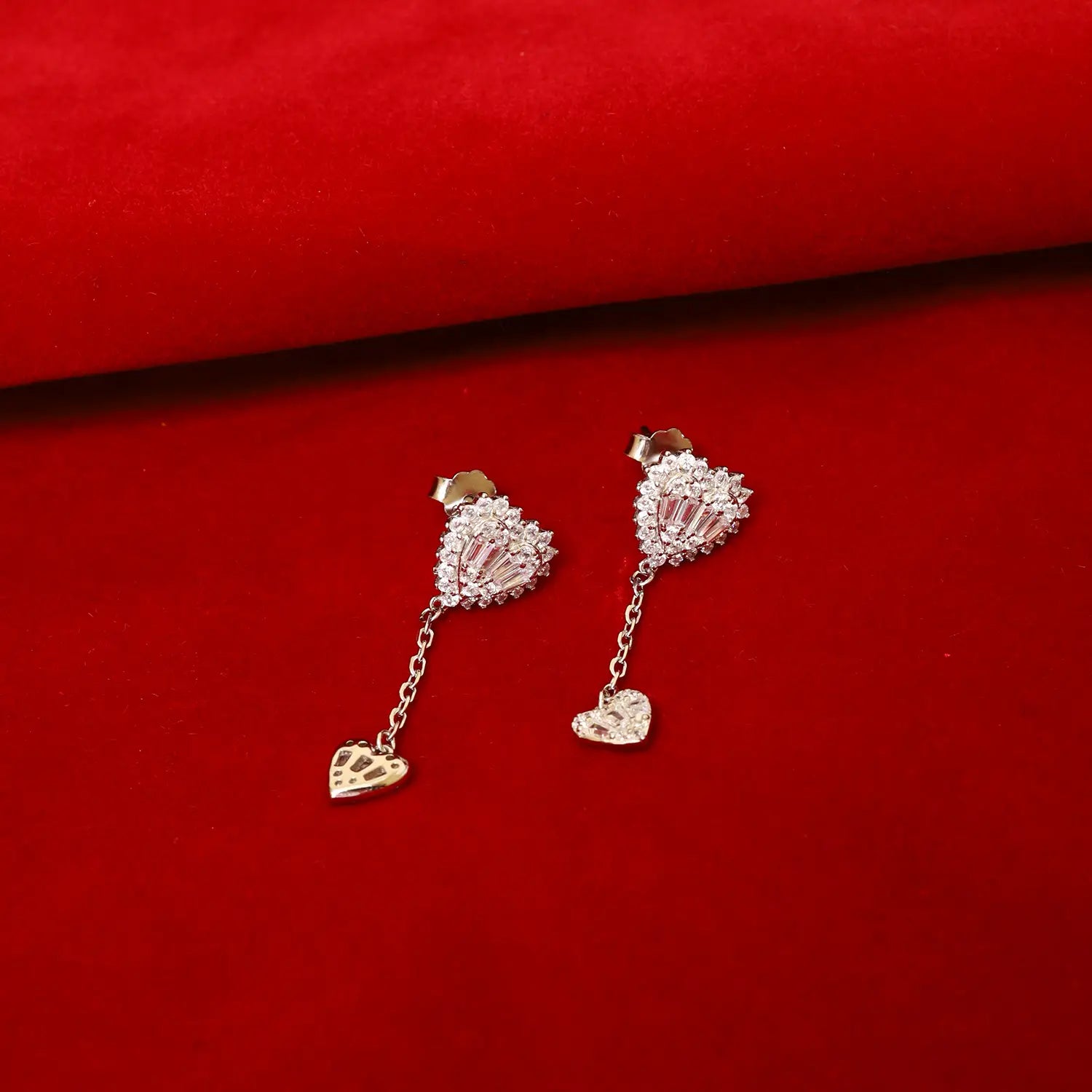 Sparkling Double Heart Drop Silver Earrings - Made With Pure 925 Silver