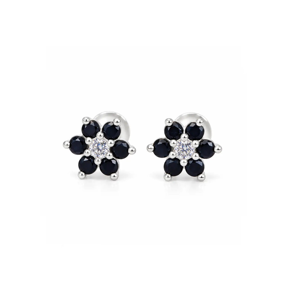 Black Floral Gemstone Silver Stud Earrings - Made With Pure 925 Silver