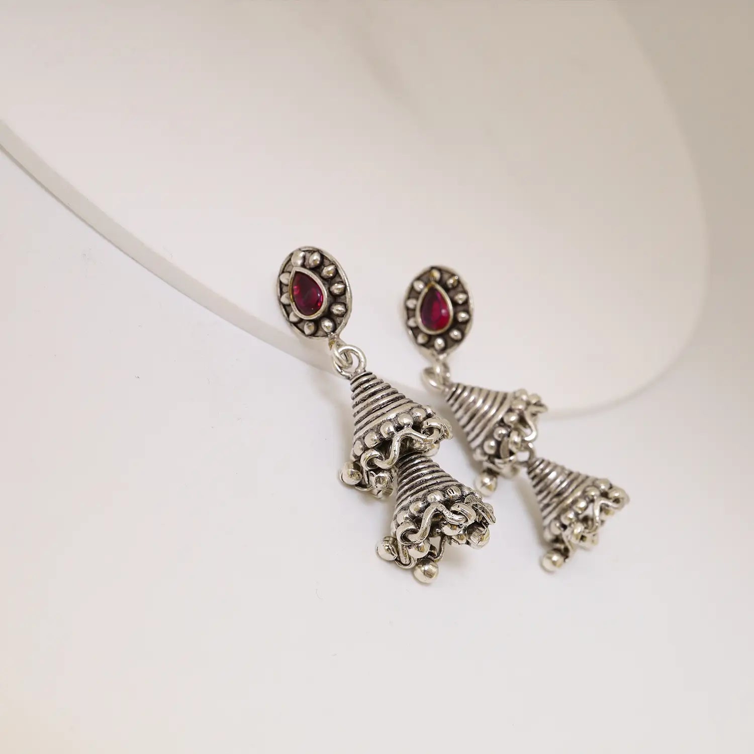 Traditional Ruby Jhumki Sterling Silver Earrings - Made With Pure 925 Silver