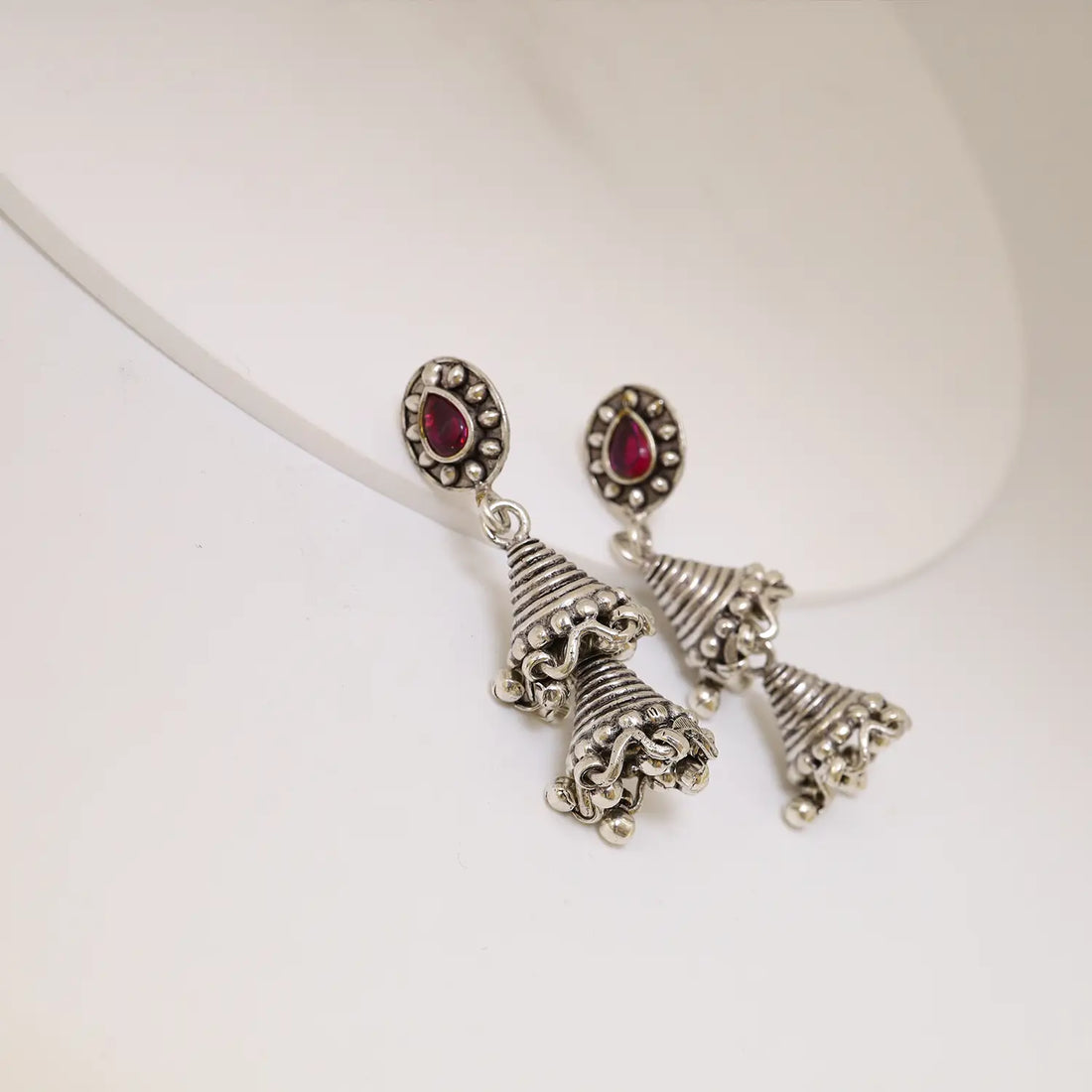 Traditional Ruby Jhumki Sterling Silver Earrings - Made With Pure 925 Silver