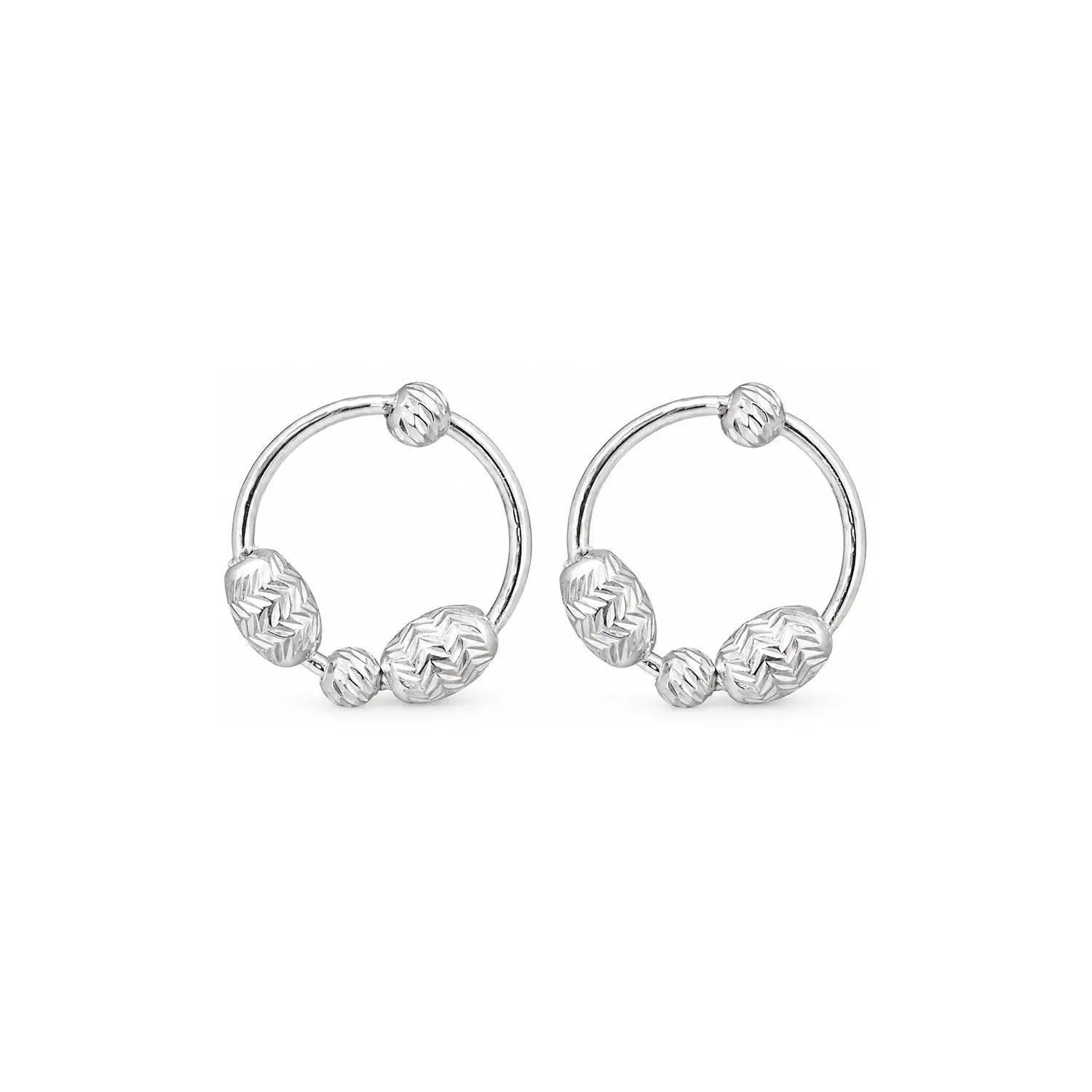 Textured Bead Accent Oval Hoop 925 Silver Earrings - Made With Pure 925 Silver