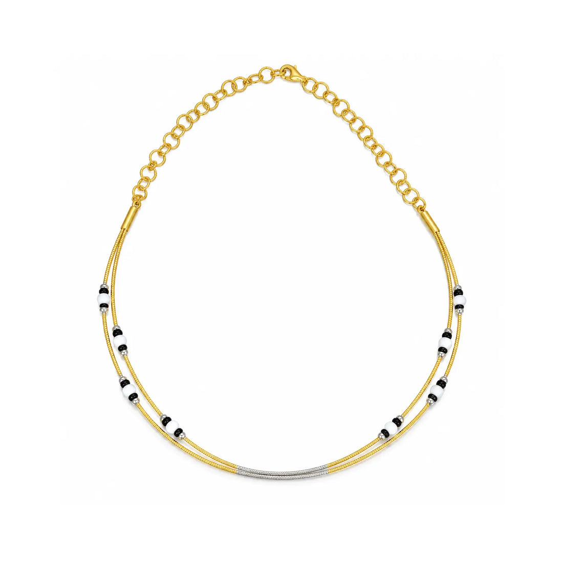 Black & White Beaded Double-Layer Silver Necklace - Made With Pure 925 Silver