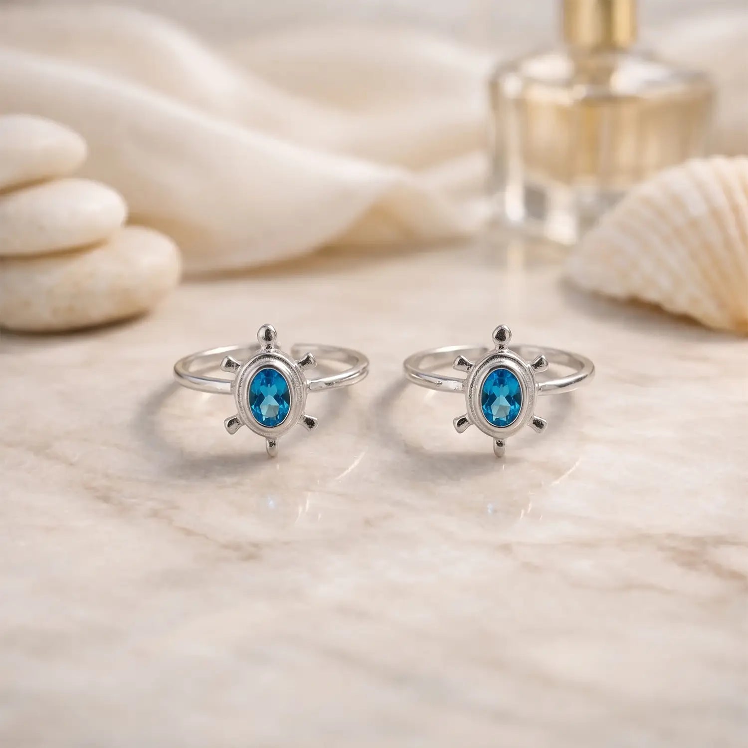 Pure Silver Turtle Toe Rings with Blue Stone- Made With Pure 925 Silver