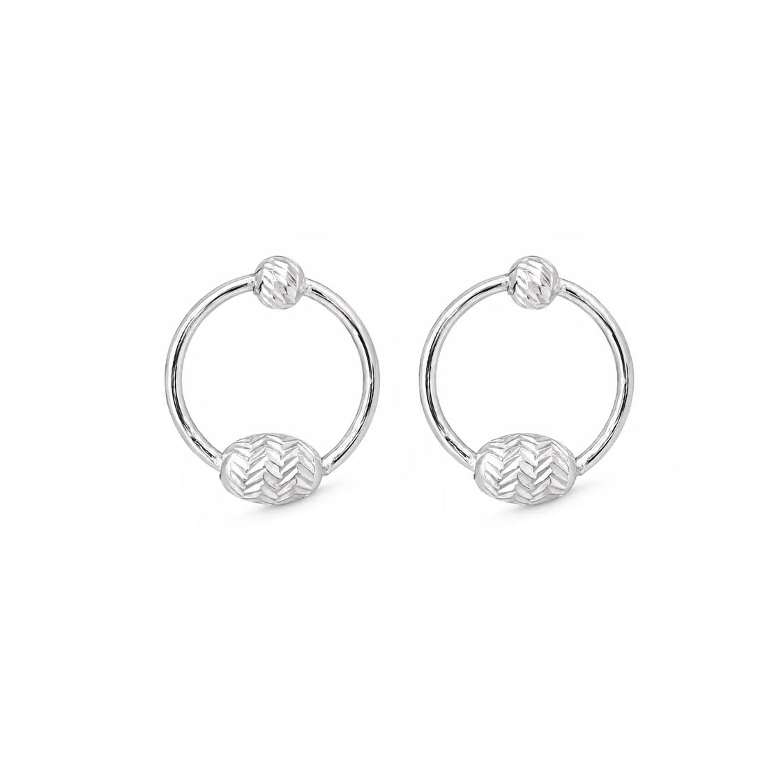 Textured Double-Bead Oval Hoop 925 Silver Earrings - Made With Pure 925 Silver