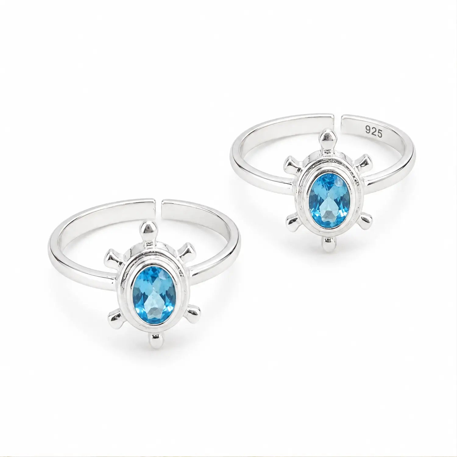 Pure Silver Turtle Toe Rings with Blue Stone- Made With Pure 925 Silver