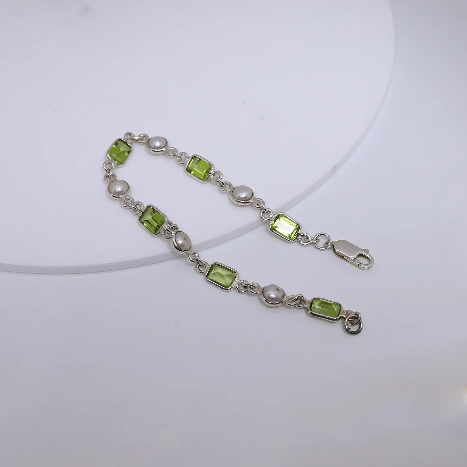 Peridot & Pearl Link Sterling Silver Bracelet- Made With Pure 925 Silver