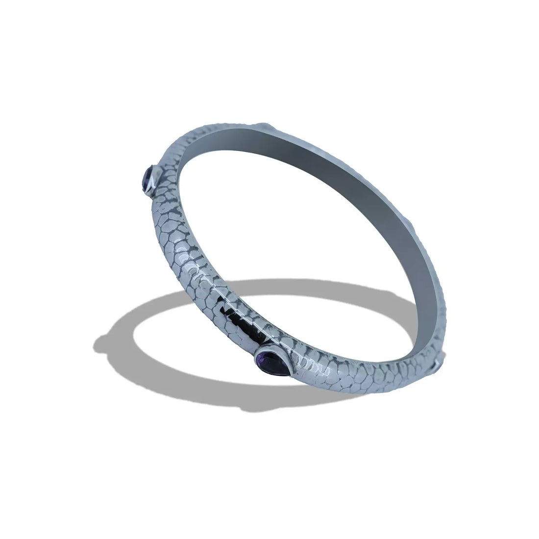 Textured Pure Silver Kada with  Purple Stones- Made With Pure 925 Silver