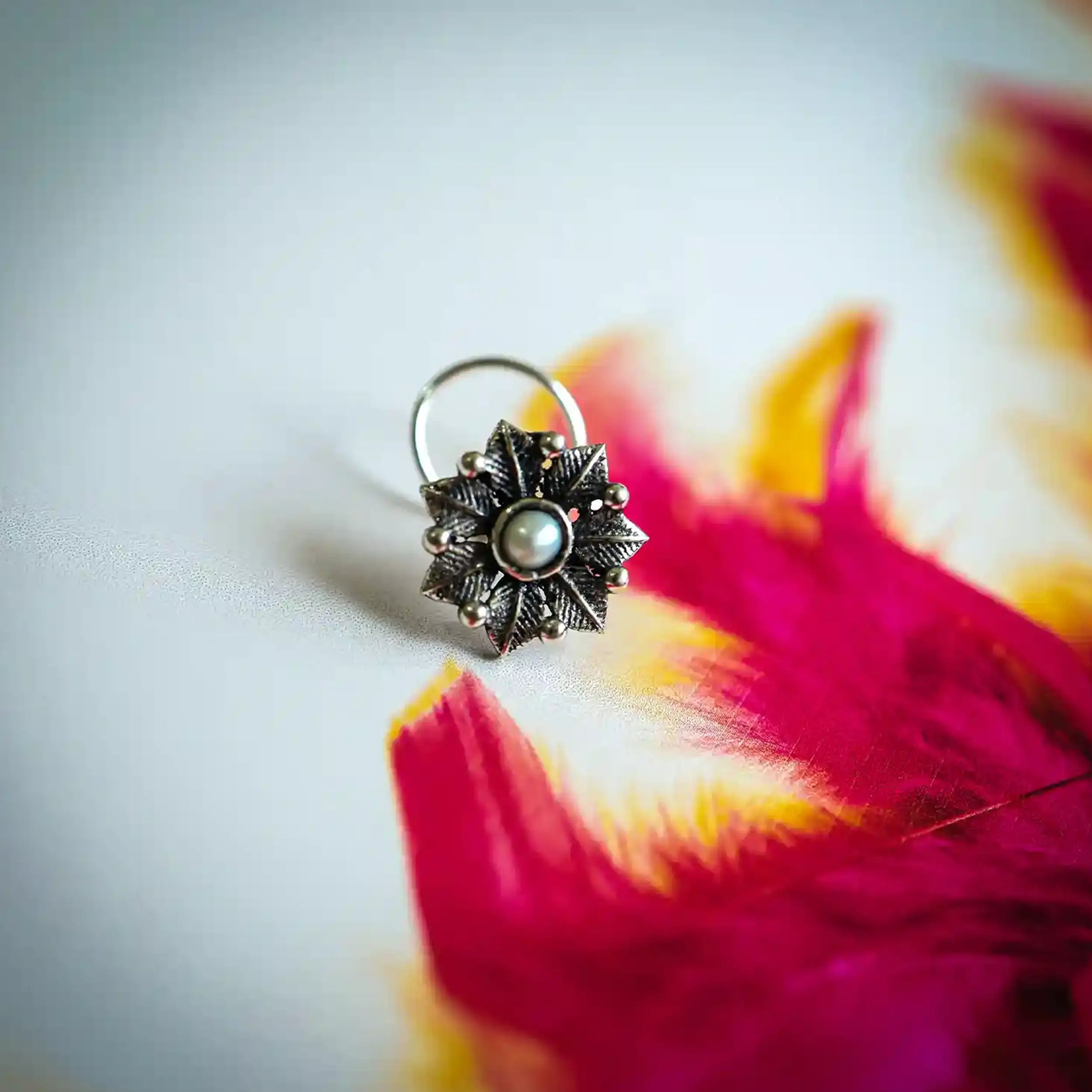 Oxidized Silver Floral Nose Pin- Made With Pure 925 Silver