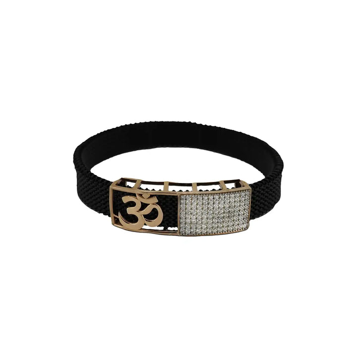 Men’s Black Strap Bracelet with Dual-Tone “Om” Motif- Made With Pure 925 Silver