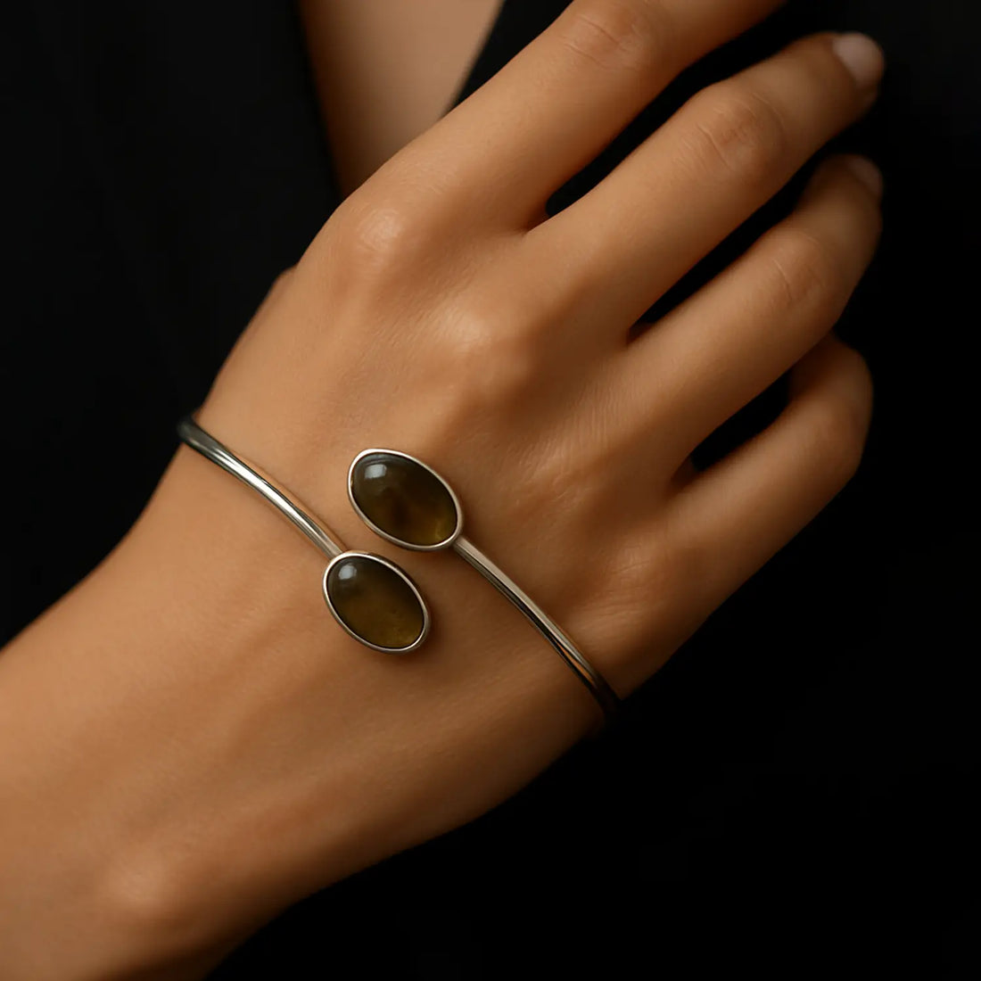 Pure Silver Open Bracelet with Dual Oval Brown Gemstones - Made With Pure 925 Silver