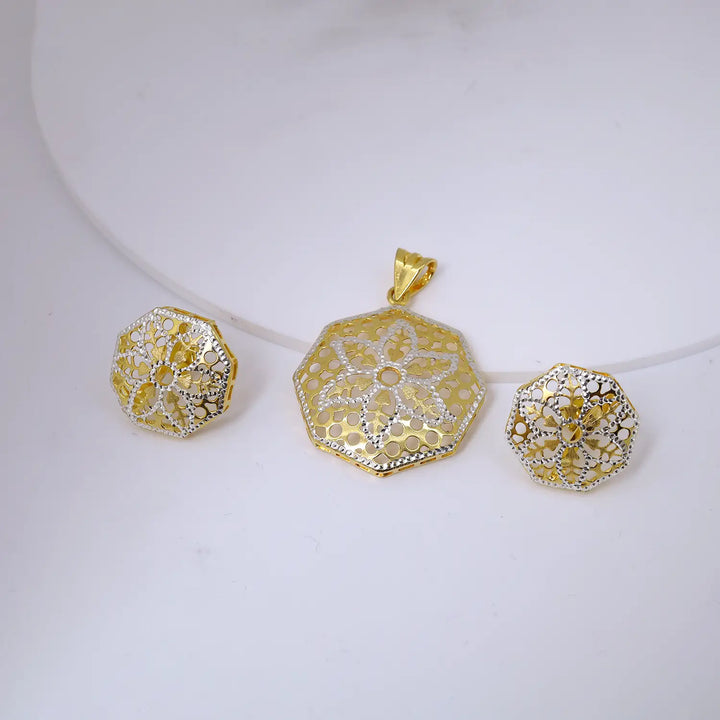 Premium Gold Polish Pure Silver Floral Hexagon Pendant Set with Earrings - Made With Pure 925 Silver