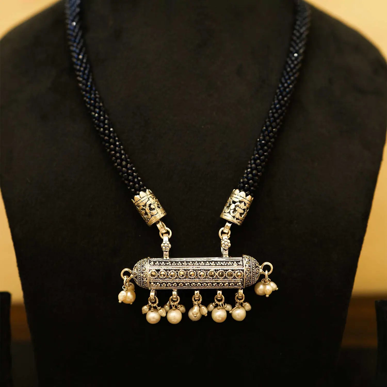 Antique Silver Cylindrical Pendant Necklace Set with Pearl Drops- Made With Pure 925 Silver