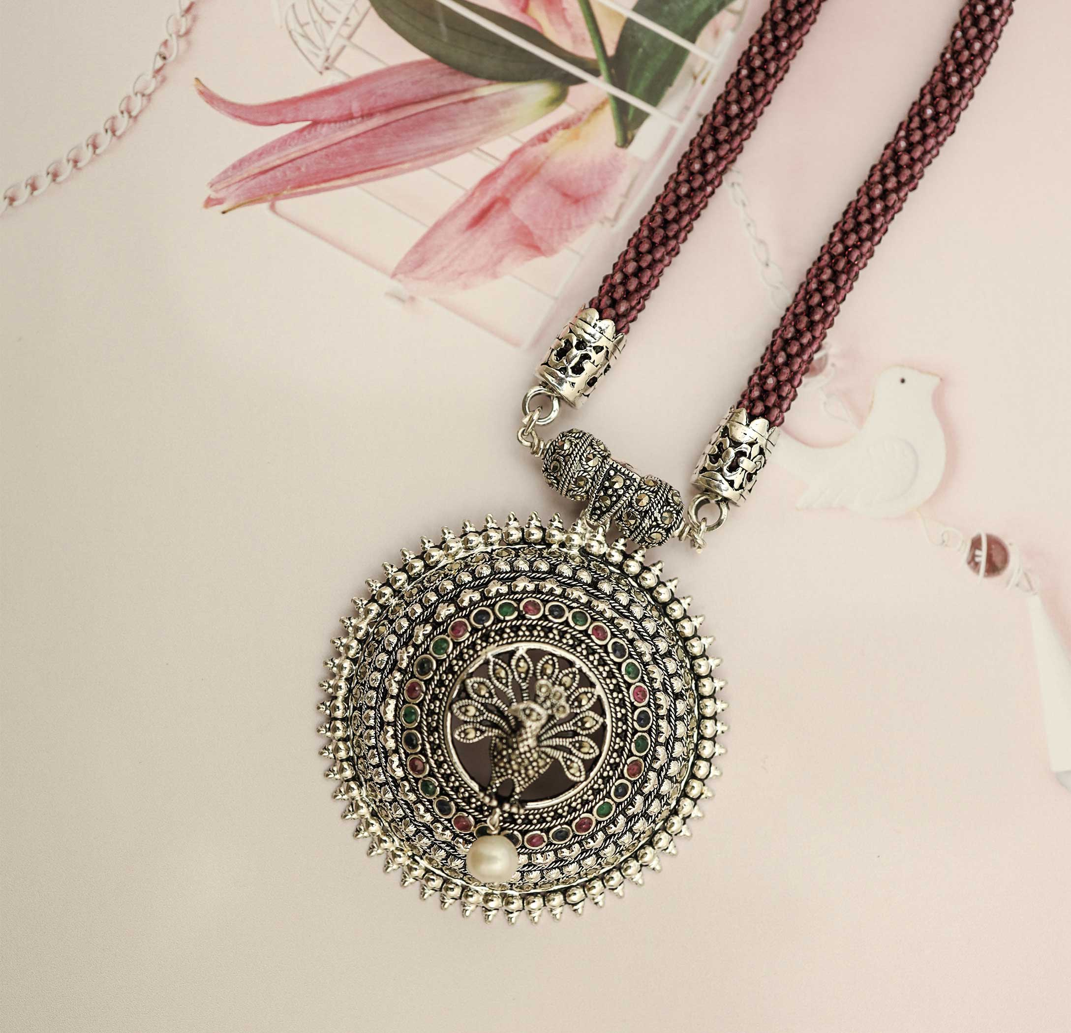 Peacock Charm Antique Silver Nacklace Set- Made With Pure 925 Silver