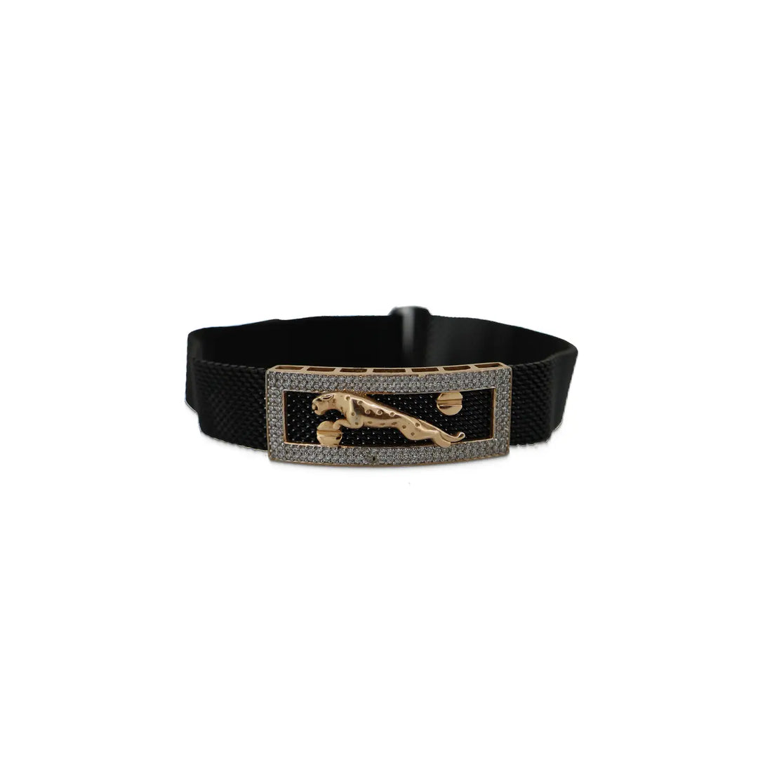 Men’s Black Strap Panther Bracelet with Silver Toned Stone- Made With Pure 925 Silver