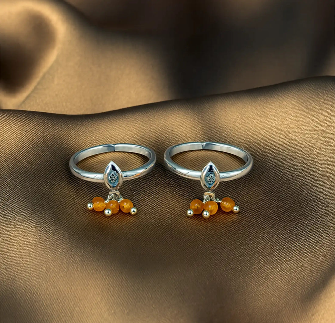 Leaf Charm Sterling Silver Toe Rings with Amber Beads- Made With Pure 925 Silver