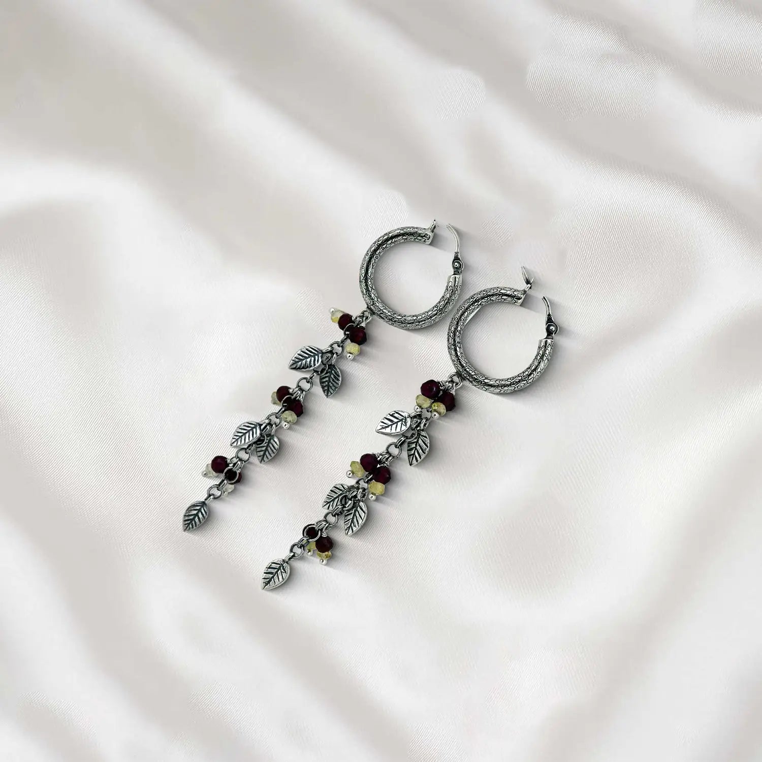 Silver Hoop Earrings with Leaf Charms & Beaded Drops- Made With Pure 925 Silver