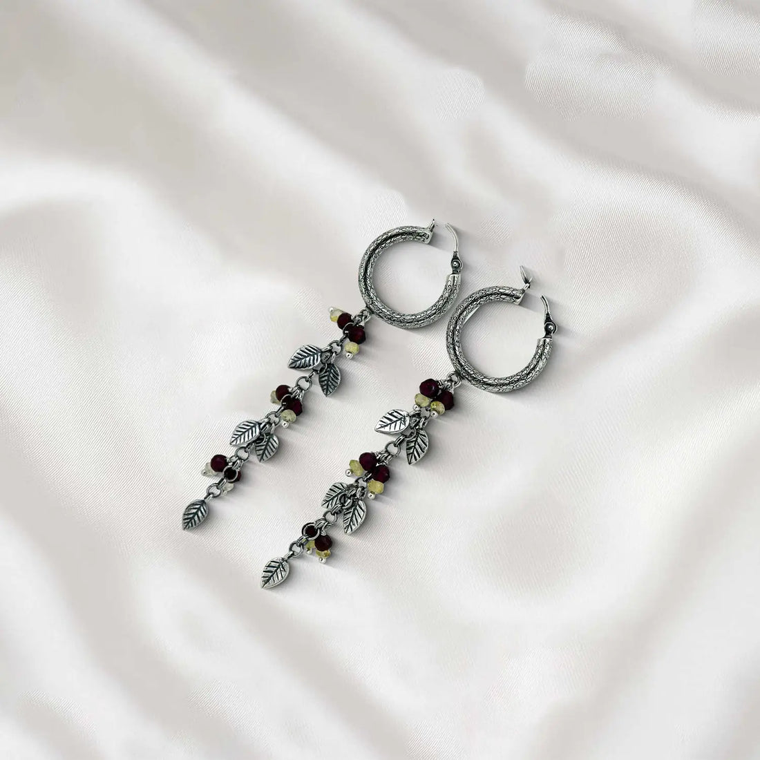 Silver Hoop Earrings with Leaf Charms & Beaded Drops- Made With Pure 925 Silver