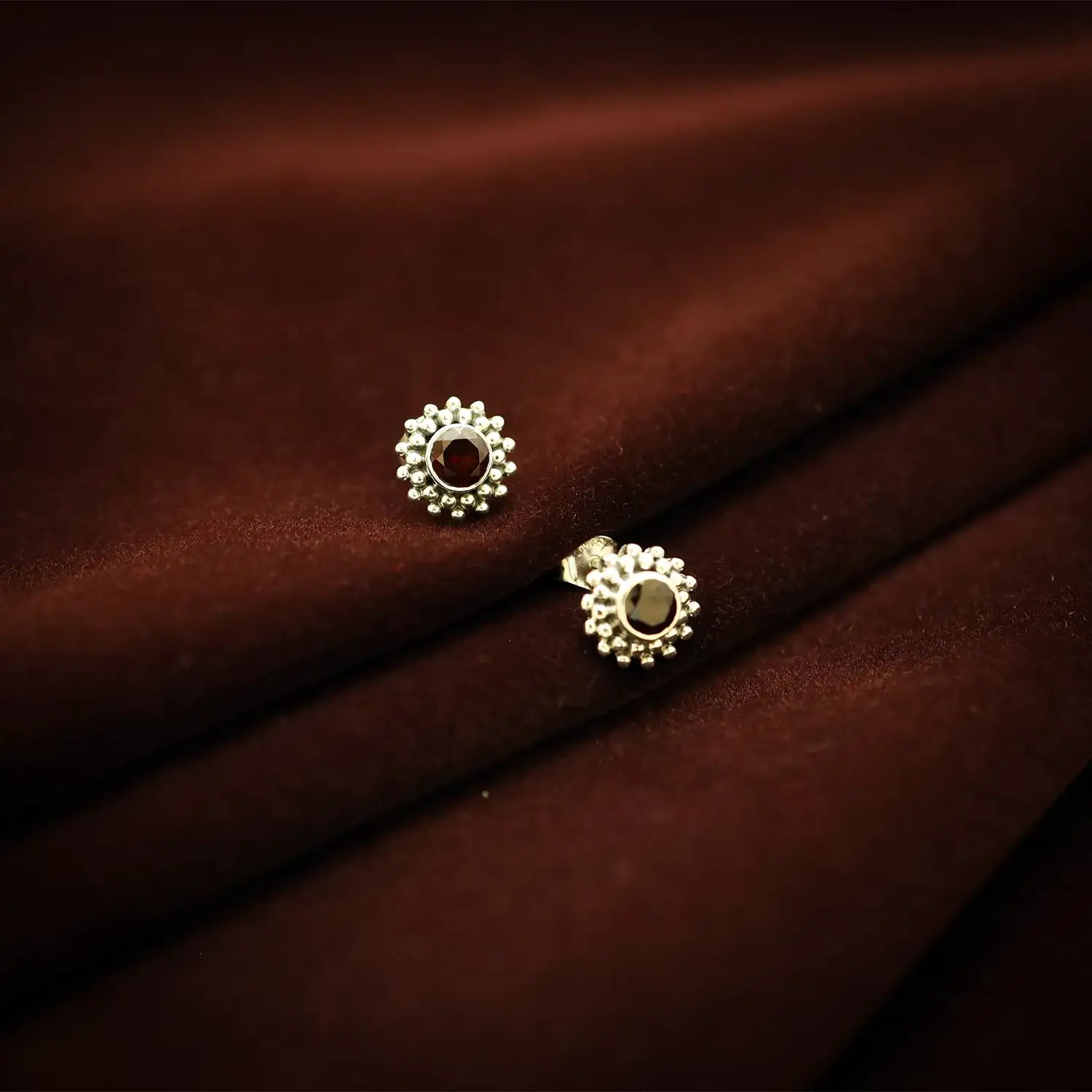 Silver Garnet Floral Stud Earrings- Made With Pure 925 Silver