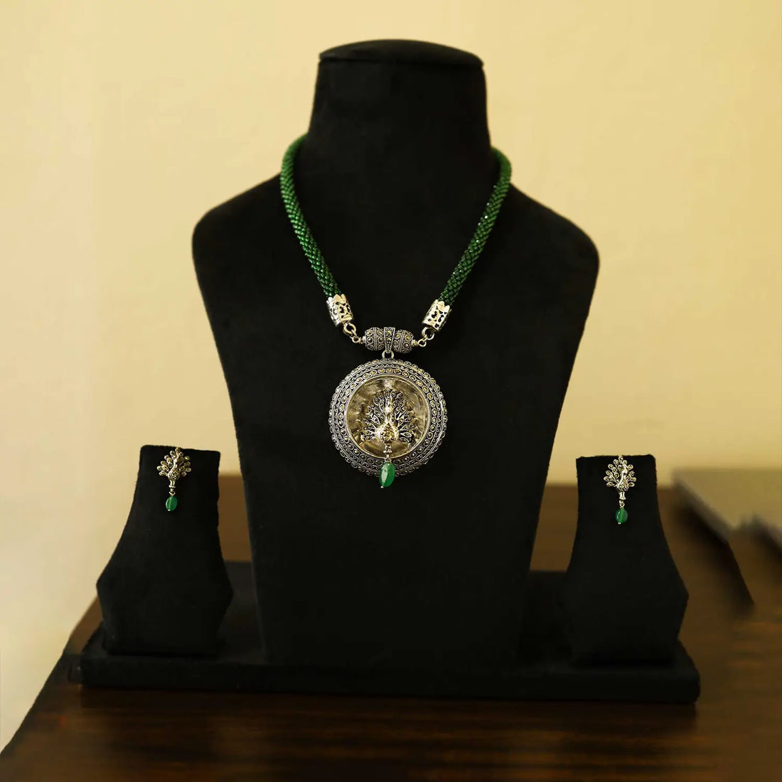 Antique Silver Peacock Necklace Set with Green Beaded Chain- Made With Pure 925 Silver