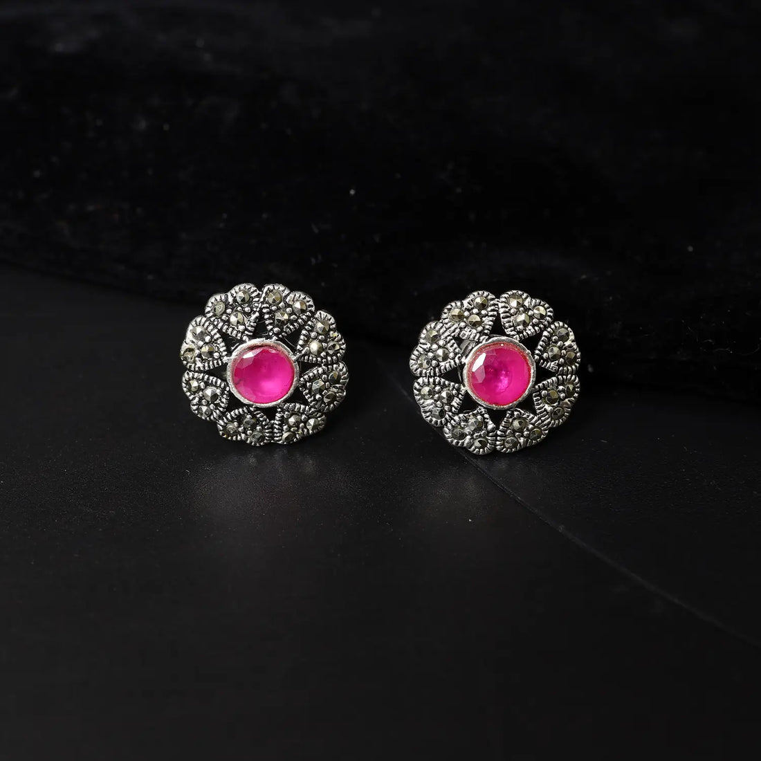 Ruby Rosette Oxidized Silver Stud Earrings- Made With Pure 925 Silver