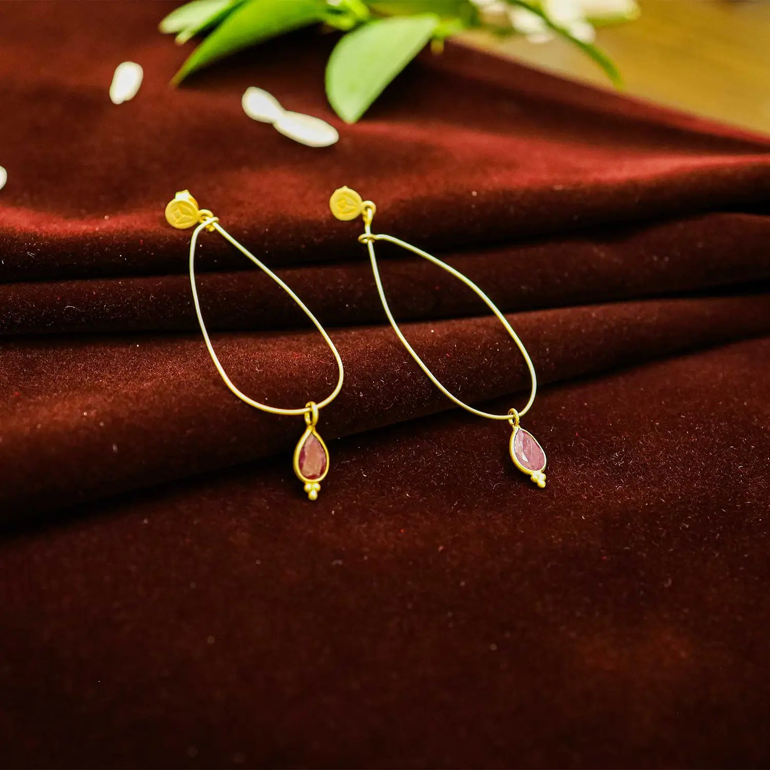 Elegant Teardrop Silver Earrings with Gold Polish & Garnet Accents- Made With Pure 925 Silver