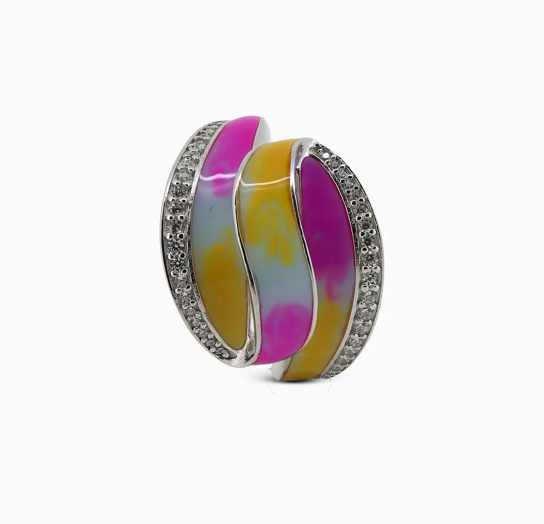 Silver Multicolor Enamel Wave Ring - Made With Pure 925 Silver