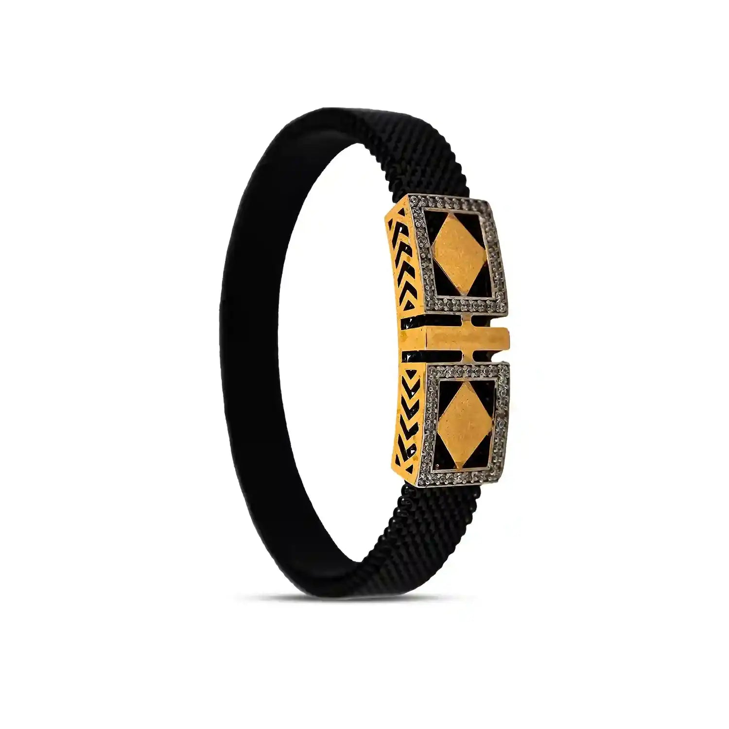 Silver Flexible Band Bracelet with Black Strap- Made With Pure 925 Silver