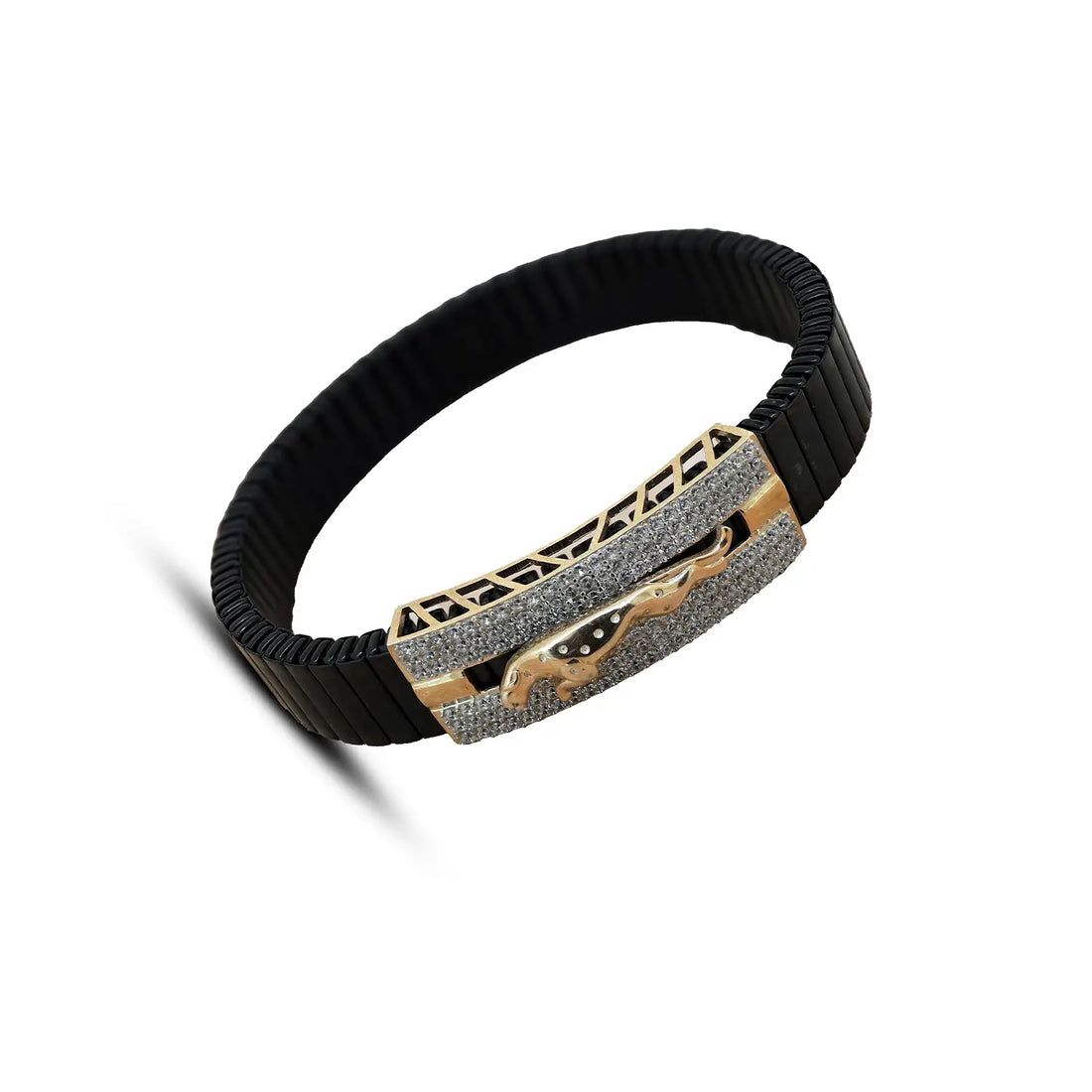 Jaguar Motif Silver Bracelet with Black Stretch Band- Made With Pure 925 Silver