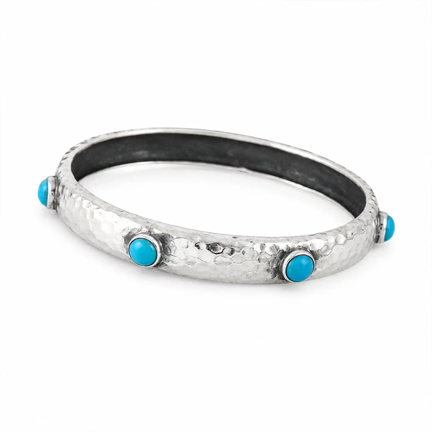 Hammered Silver Kada with Blue Stone Accents - Made With Pure 925 Silver
