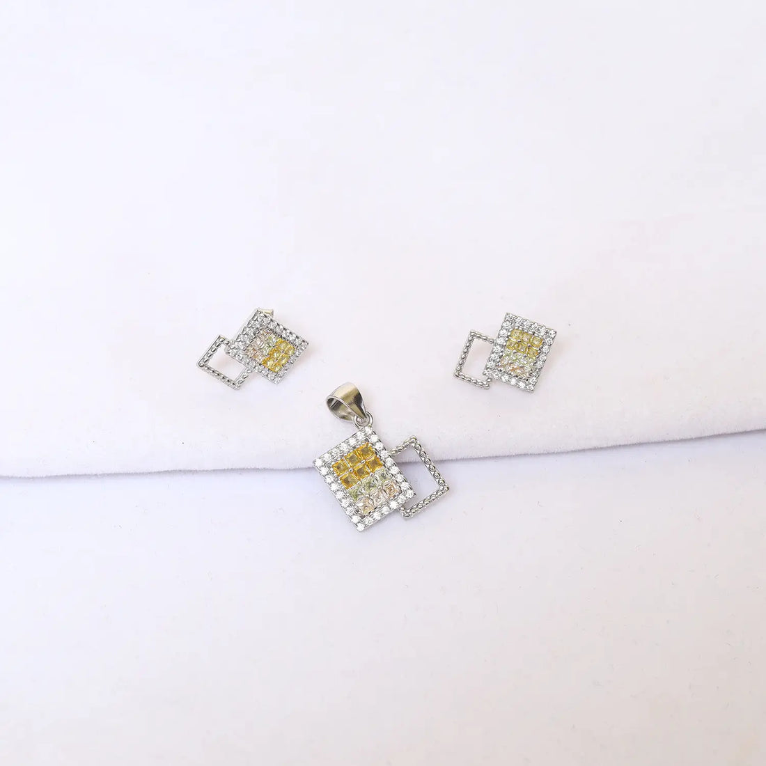 Modern Pure Silver Yellow CZ Square Pendant Set - Made With Pure 925 Silver