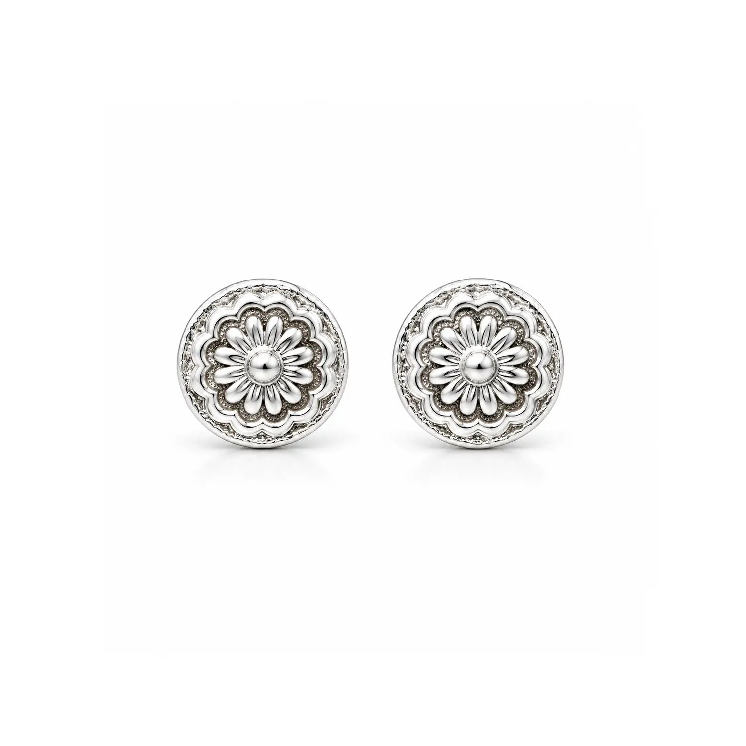 Floral Medallion Silver Stud Earrings - Made With Pure 925 Silver