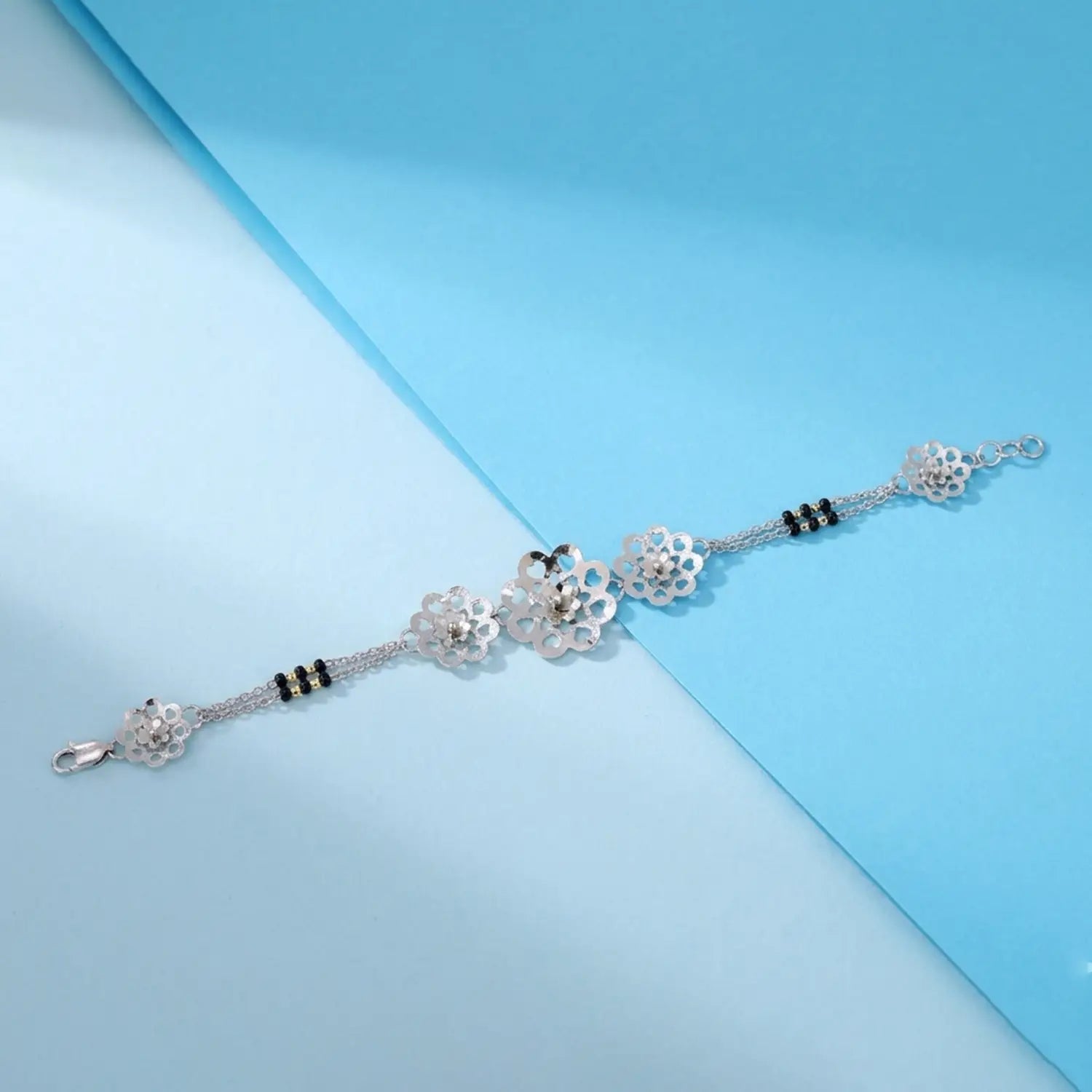 Floral Charm Mangalsutra Style Pure Silver Bracelet - Made With Pure 925 Silver
