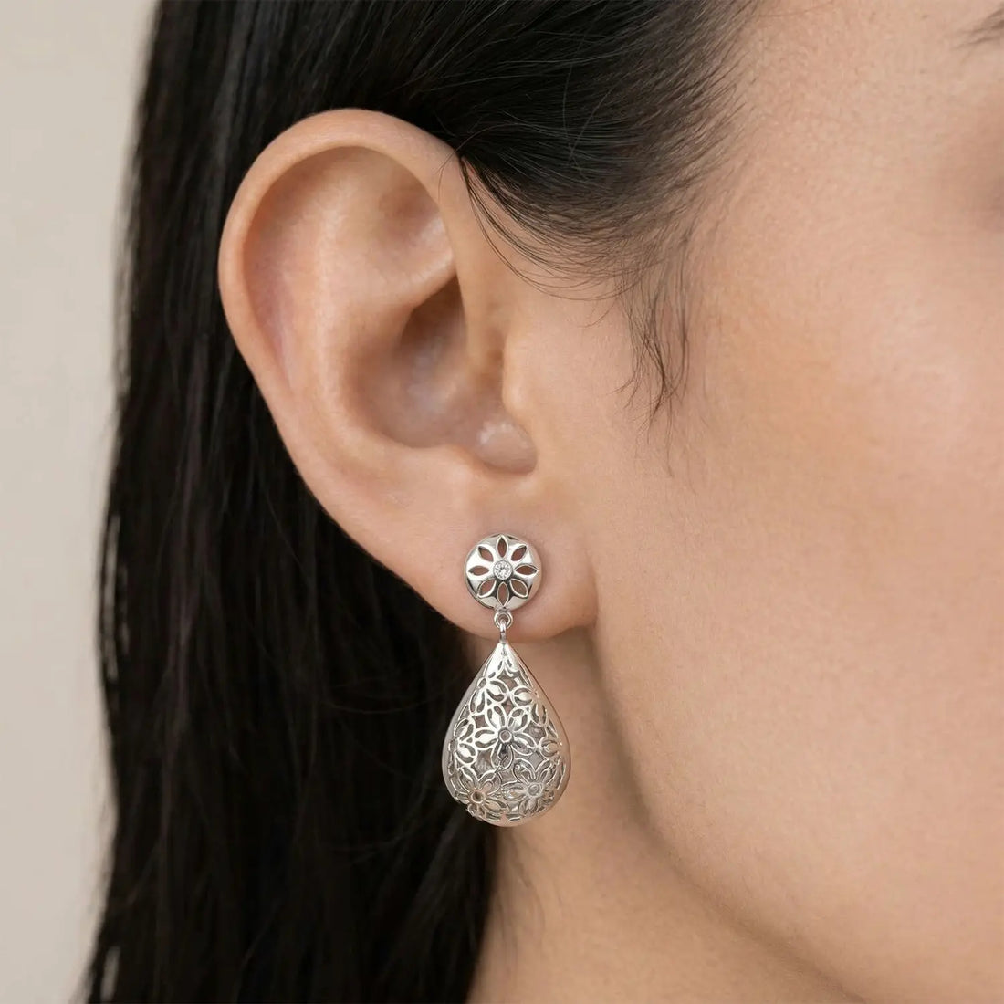 Elegant Floral Teardrop Filigree Pure Silver Pendant & Earrings Set - Made With Pure 925 Silver