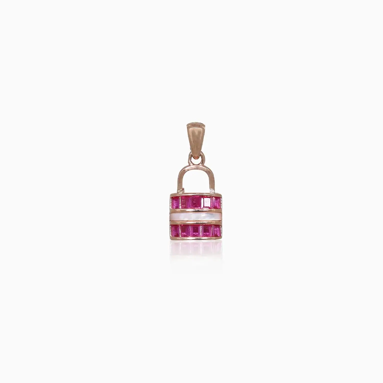 Lock Design Silver Pendant with Ruby Red Stones - Made With Pure 925 Silver