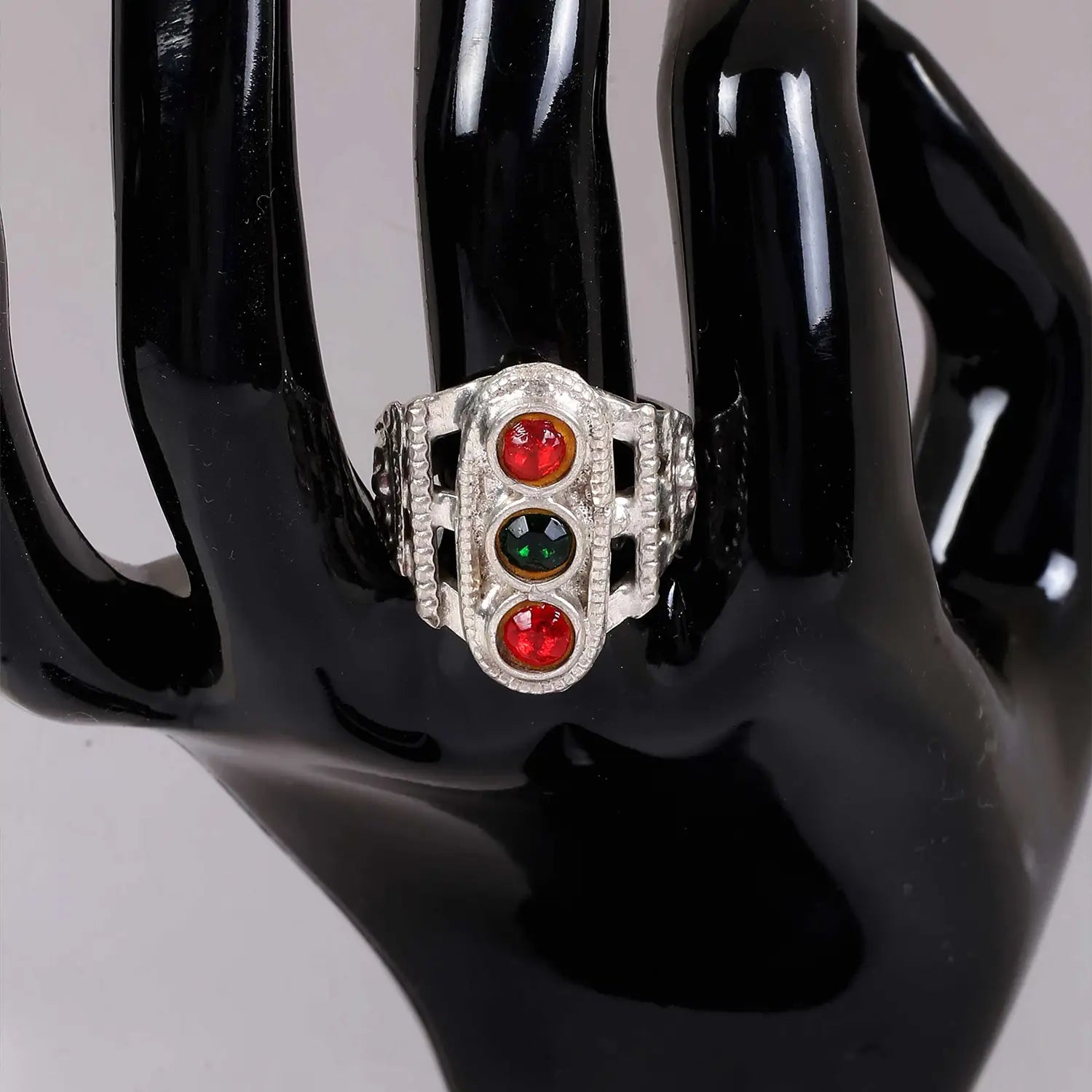 Silver Tribal Ring with Red & Green Stones- Made With Pure 925 Silver