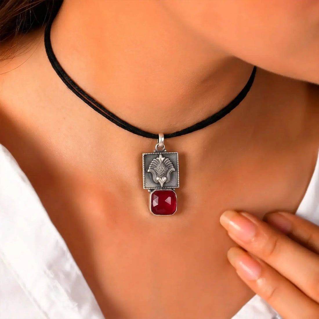 Vintage Ruby Floral Sterling Silver Pendant Set - Made With Pure 925 Silver